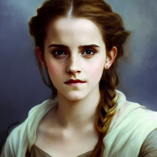 Image similar to Painting of Emma Watson as Hermione Granger. Green eyes. Art by william adolphe bouguereau. At night time. Extremely detailed. Beautiful. 4K. Award winning.