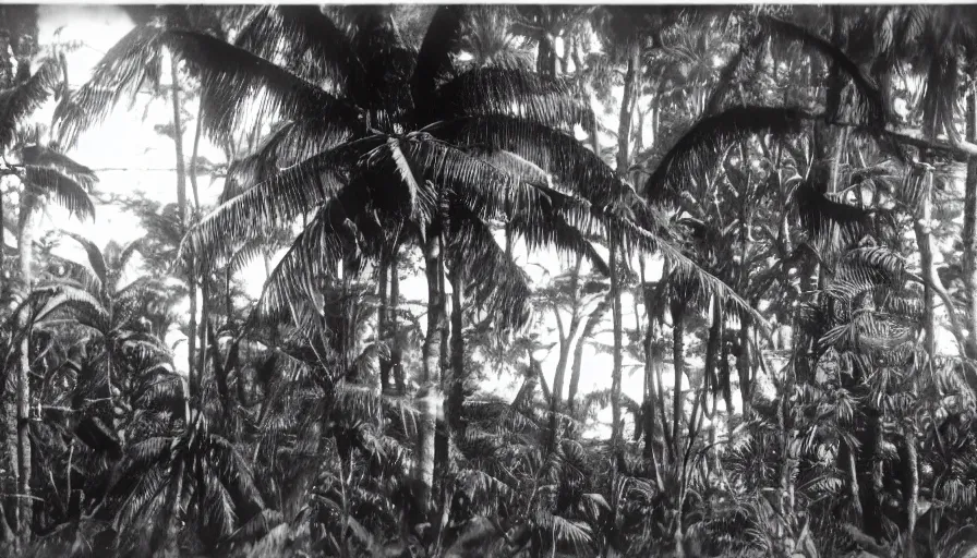 Prompt: lost film footage of a sacred object in the middle of the ( ( ( ( ( ( tropical jungle ) ) ) ) ) ) / film still / cinematic / enhanced / 1 9 2 0 s / black and white / grain