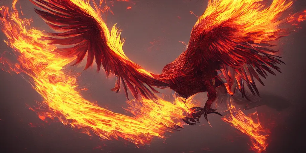 Image similar to artwork of a flamming phoenix, highly detailed, artstation, night black sky background, smooth illustration, digital art, unreal engine, ultra realistic, fine art, concept art