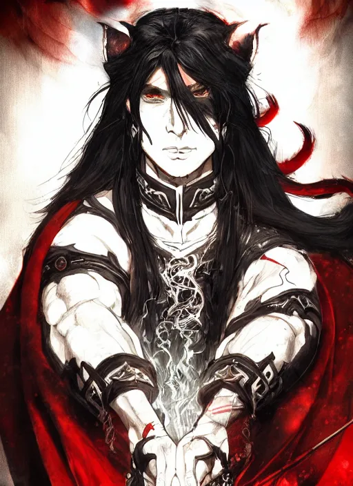 Image similar to Half body portrait of a handsome elf fire mage with long black hair wearing ornate scarlet robe, crazy grin, flame, anarchy. In style of Yoji Shinkawa and Hyung-tae Kim, trending on ArtStation, dark fantasy, great composition, concept art, highly detailed, dynamic pose.