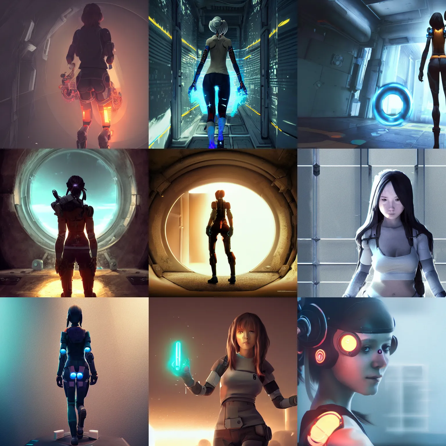 Prompt: portal game < < < valve, anime!!! cyborg photo - realistic > > > woman!!!! 6 6 7 7 running, ( shy smiling face ), rembrandt, octane render, artstation