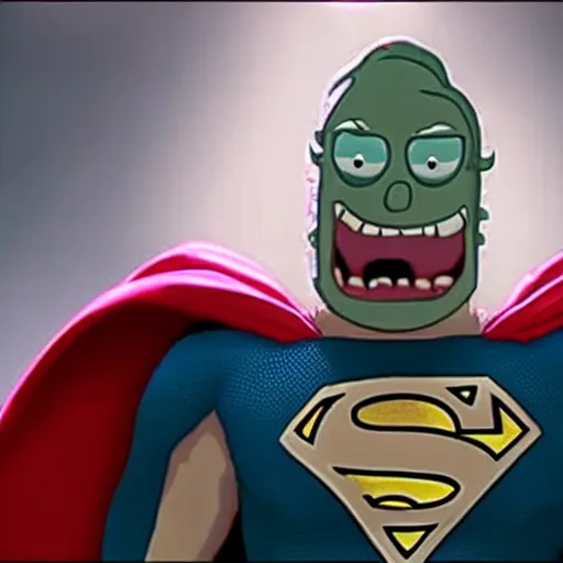 Image similar to movie still pickle rick as superman