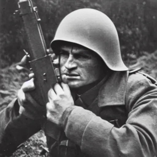 Image similar to omni man, historical photo, ww 2, trench