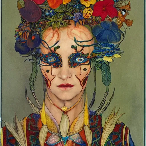 Image similar to the bone crown, by annie swynnerton and leo and diane dillon and ( diego rivera ) and adolf wolfli, elaborate costume, flowers, iridescent beetles, rich color, dramatic cinematic lighting, smooth, sharp focus, extremely detailed