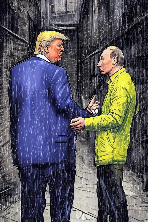 Image similar to digital art of donald trump buying drugs from vladimir putin in a dark raining city alleyway