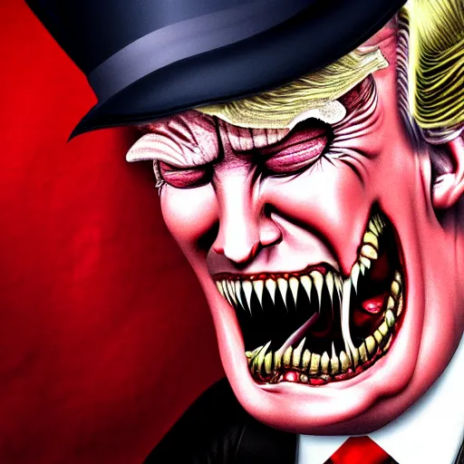 Image similar to donald trump dracula, fangs, character portrait, close up, concept art, intricate details, hyper realistic, in the style of otto dix and h. r giger