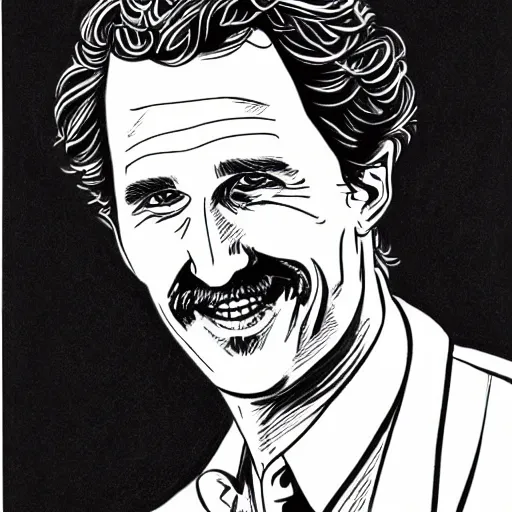 Image similar to a portrait drawing of Mathew McConaughey drawn by Robert Crumb