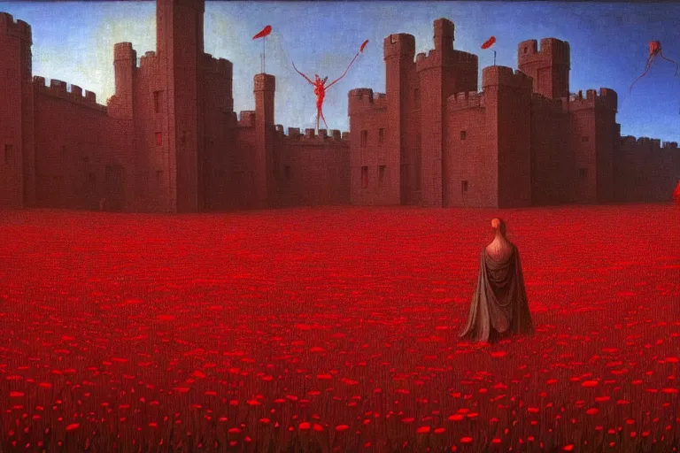 Prompt: only with red, red flowers of different types, a castle in the background, medieval demons dance over the flowers, an ancient path, in the style of beksinski, part by hopper, part by rodcenko, part by hofbauer, intricate composition, red by caravaggio, insanely quality, highly detailed, masterpiece, red light, artstation