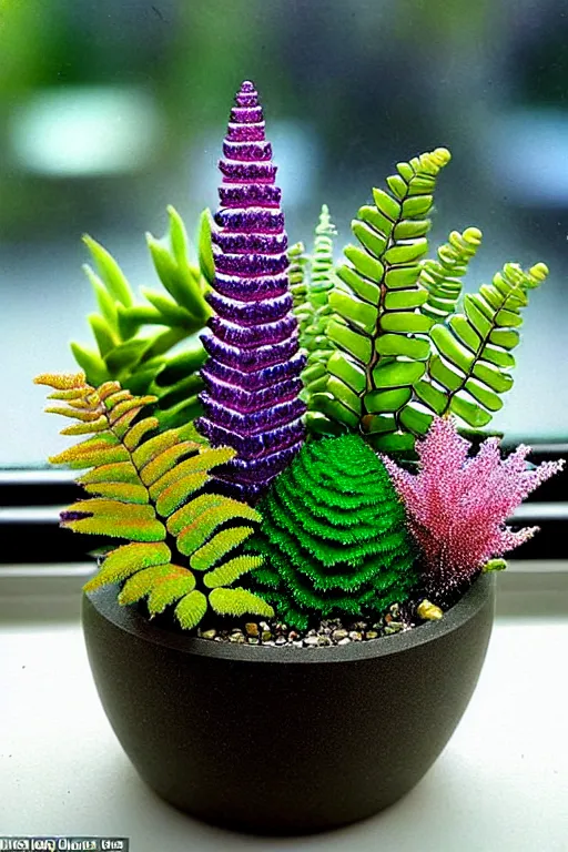 Image similar to crystals shaped like exotic succulent fern shrubbery, a potted plant made of gemstones in a windowsill