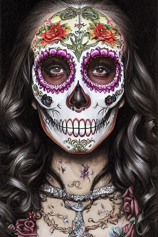 Prompt: illustration of a sugar skull day of the dead girl, art by donato giancola