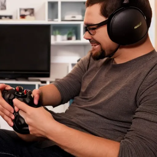 Prompt: a cute cat playing video games while sitting on a couch