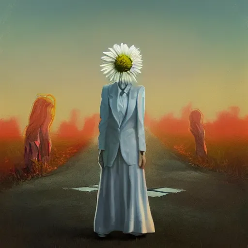 Image similar to giant white daisy flower head, frontal, girl in a suit, standing in street, surreal photography, sunrise, dramatic light, impressionist painting, digital painting, artstation, simon stalenhag