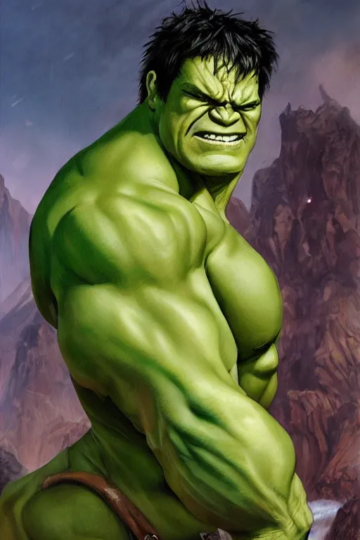 Image similar to a full body high detail fantasy portrait oil painting illustration of hulk by justin sweet with face and body clearly visible, in a scenic background, pretty eyes, realistic proportions, d & d, rpg, forgotten realms, artstation trending, high quality, sombre mood, artstation trending, muted colours, entire person visible!