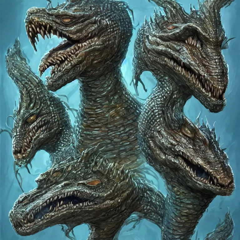 Image similar to hydra of lerna with two heads, one head is jim carey as lloyd christmas, the other head is jeff daniels as harry dunne ( from dumb and dumber ), serpentine water monster, d & d, fantasy, portrait, highly detailed, digital painting, trending on artstation, concept art, sharp focus, illustration, art by artgerm and craig mullins