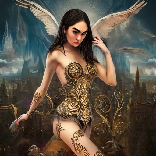 Image similar to photo-full-body-portrait of beautiful sasha grey as a fearless goddess with magical powers, 8k high details, detailed and intricate, elegant, ornate, elite, ominous, beautiful digital painting, cinematic, cgsociety, artstation, octane render, 8k, unreal engine