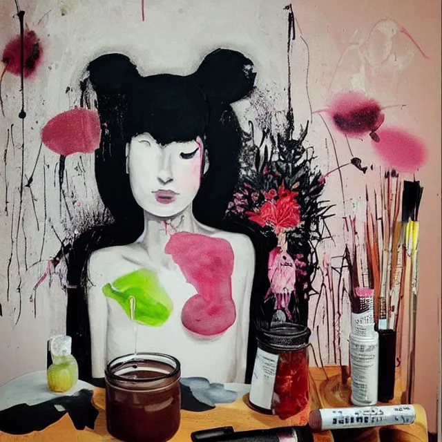 Image similar to “ a portrait in a female art student ’ s apartment, sensual, a pig theme, organic, art supplies, paint tubes, ikebana, herbs, a candle dripping white wax, black walls, squashed berries, berry juice drips, acrylic and spray paint and oilstick on canvas, surrealism, neoexpressionism ”