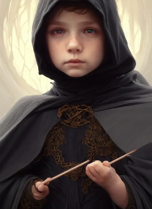 Image similar to perfectly - centered - portrait of a kid wearing black cloak holding stick, intricate, highly detailed, digital painting, artstation, concept art, smooth, sharp focus, illustration, unreal engine 5, 8 k, art by artgerm and greg rutkowski and alphonse mucha