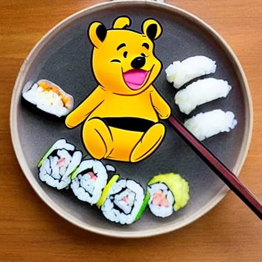 Prompt: Winnie the Pooh eating sushi