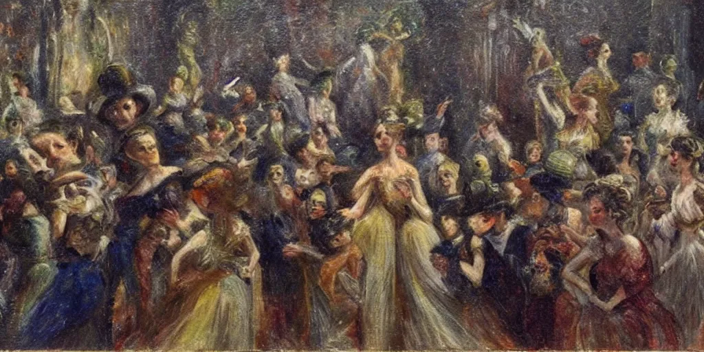 Image similar to an audience full of tall terrifying aliens at the ballet. In the victorian era. in the style of an impressionist painting.