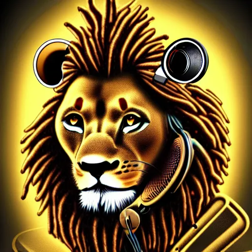 Image similar to steampunk rastafari lion wearing headphones and using a computer, photorealistic 4 k detailed digital art