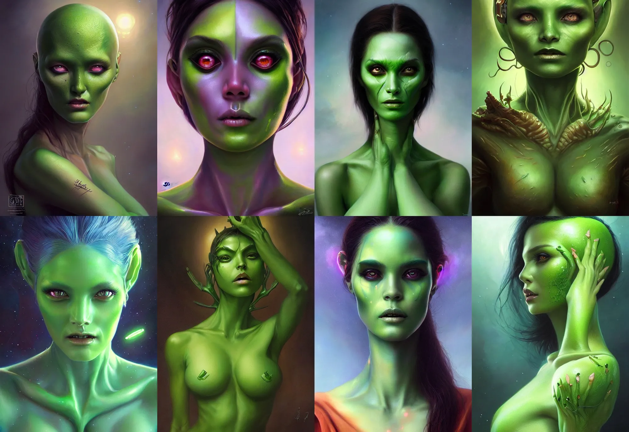 Prompt: a strangely beautiful alien woman with green skin, painted by artgerm and tom bagshaw, fantasy art, dramatic lighting, highly detailed oil painting