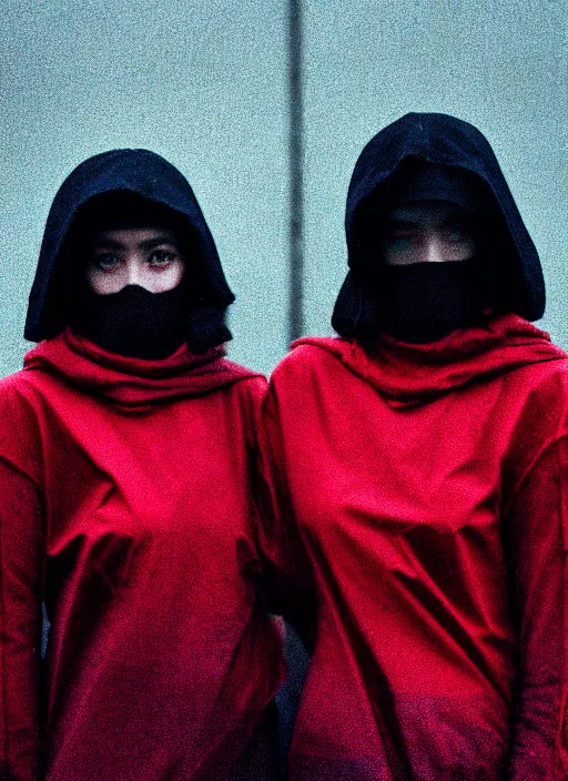 Image similar to cinestill 5 0 d photographic portrait of 2 women holding hands, wearing black techwear in front of a brutalist brushed metal building, closeup, on a desolate plain with a red sky, dystopia, cyberpunk, closeup, depth of field, 4 k, 8 k, hd, full color