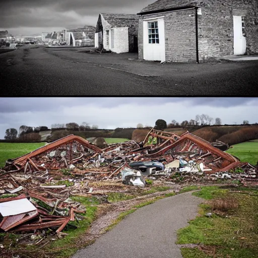 Prompt: a rural town in England 5 years after a nuclear explosion