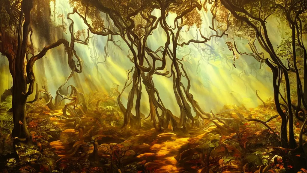 Prompt: A Salvador Dali oil painting of a hauntingly beautiful elven forest in the morning; rays of light coming through the canopy; trending on artstation; extraordinary masterpiece!!!!!!; 8k