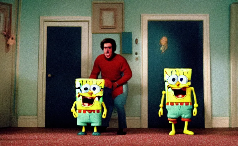 Prompt: spongebob in the shining by stanley kubrick, shot by 35mm film color photography