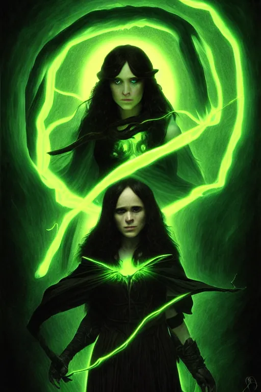 Image similar to ellen page as a dark sorceress with yellow glowing eyes casting a green spell, green lighting, fantasy character portrait, ultra realistic, concept art, intricate details, highly detailed by james bama, william adolphe bouguereau and frank frazetta