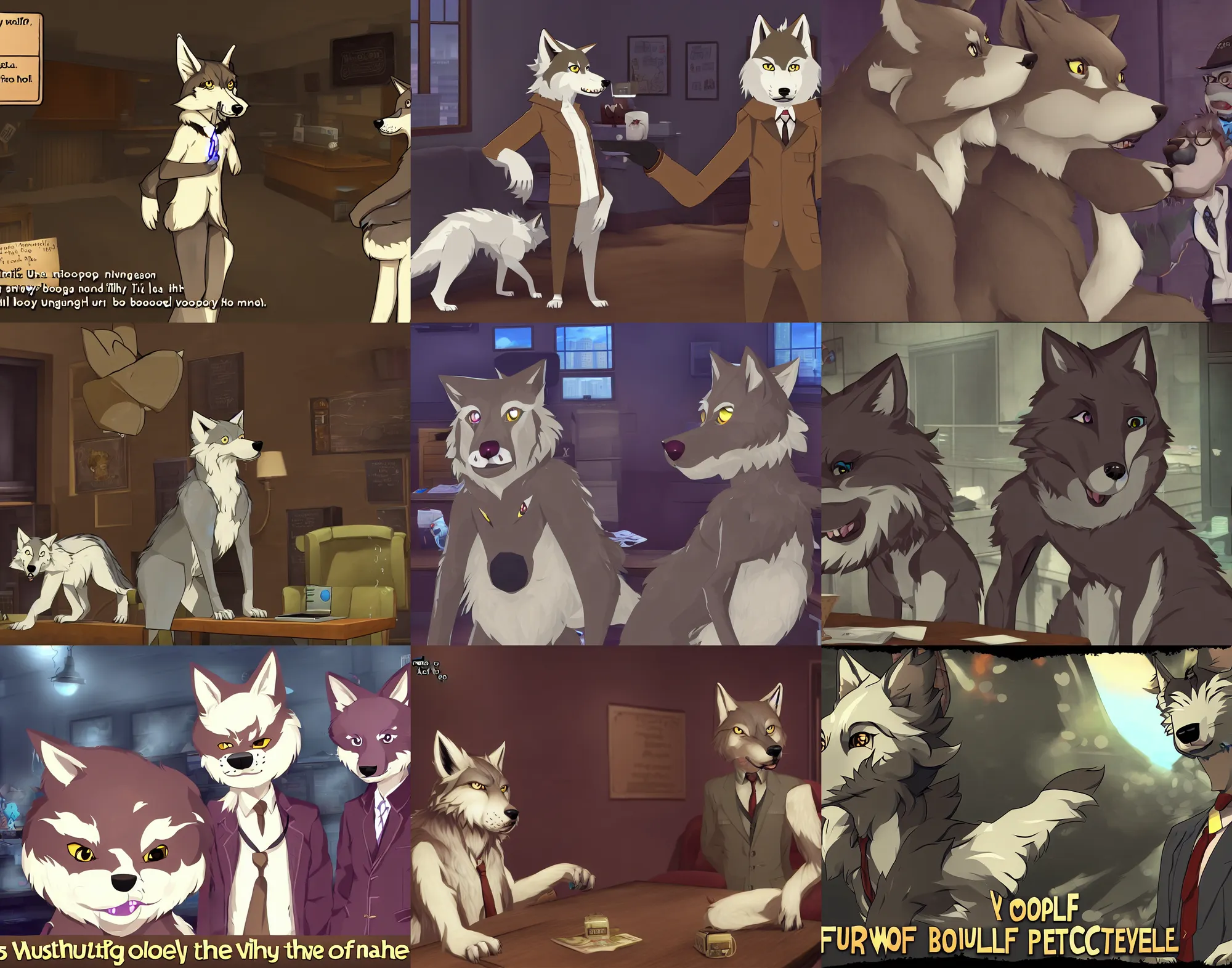 Image similar to furry - wolf - detective - fursona uhd ue 5 visual novel pc game screenshot : mystery of the booped snout
