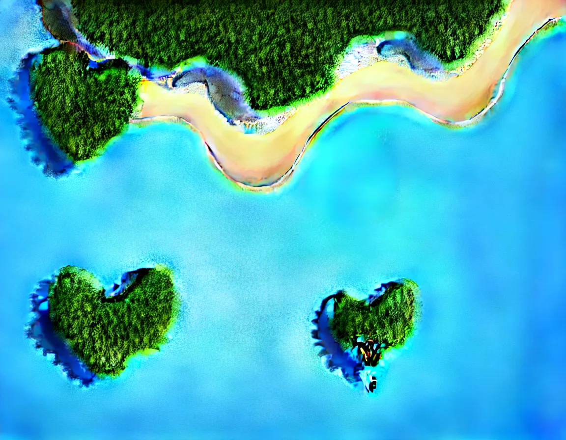 Prompt: telephoto shot of 3 d rendered realistic exotic tree heart / shaped sandy beach island with blue lagoon, sunset lighting with fluffy clouds over horizon