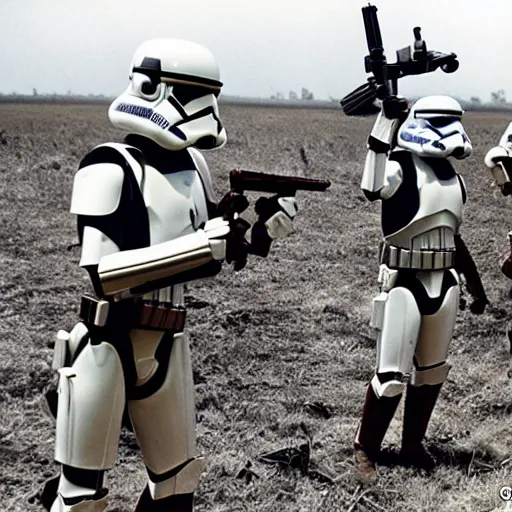 Image similar to star wars clone troopers offer aid to soldiers in vietnam, photo, old picture, lush landscape, field, firearms, war, bombs, explosions, x - wings, tie fighters, aerial combat, active battle zone, in trenches, star wars droids