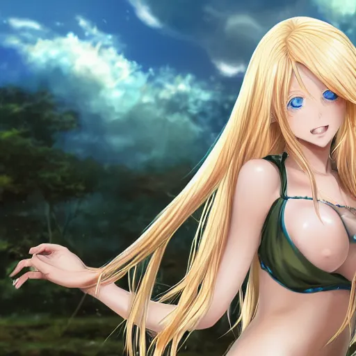 Image similar to a very beautiful young anime girl with 2 0 meters extremely long blond hair, full body, extremely long wavy 2 0 meters long blond hair, sky blue eyes, full round face,, bikini, miniskirt, front shot, extremely long thick blond hair, highly detailed, cinematic wallpaper by stanley artgerm lau