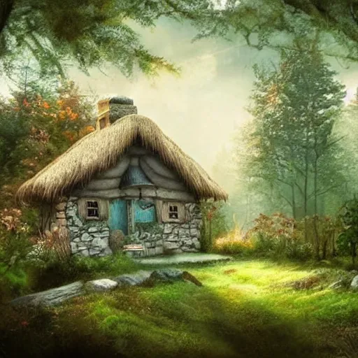 Image similar to a cottage in the woods, fantasy art, detailed, hyper realistic, cinematic