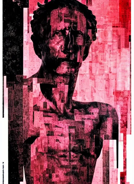 Image similar to dark design poster showing a statue of julius caesar, with subtle skeletal elements, black background with very subtle red and purple design elements, powerful, nekro, vito acconci, thin straight lines, dark, glitch art, neo vaporwave, gritty, layout frame, square, trending on artstation