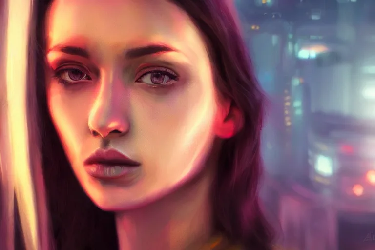 Image similar to hyperrealistic close up portrait of stunningly beautiful girl, lit by dawn light, cyberpunk city on background, trending on artstation