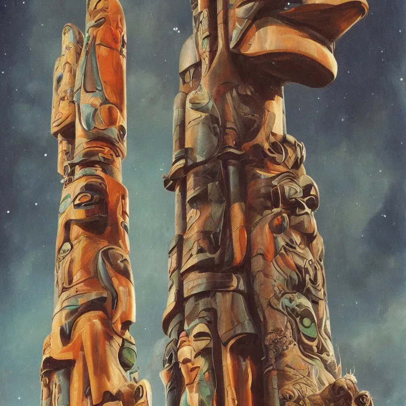 Prompt: painting of a futuristic totem pole. pulp sci - fi art for omni magazine. high contrast. dark background. baroque period, oil on canvas. renaissance masterpiece. muted colors, soft gradients trending on artstation. retrofuturism.