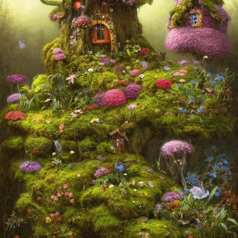 Prompt: a whimsical fairy house on a mossy stump surrounded by flowers by Justin Gerard, evening light