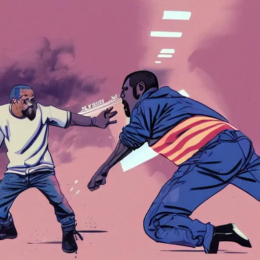 Prompt: An illustration of Kanye West beating up Pete Davidson by Katsuhiro Otomo, comic book style, 8K concept art, cel shaded, anime, detailed