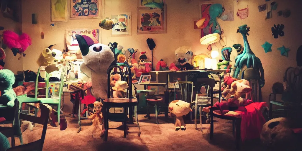 Prompt: alien head and hands barely seen, a room full of different chairs and stuffed animals, warm lights, cozy feeling, eerie, grainy, vibrant colors