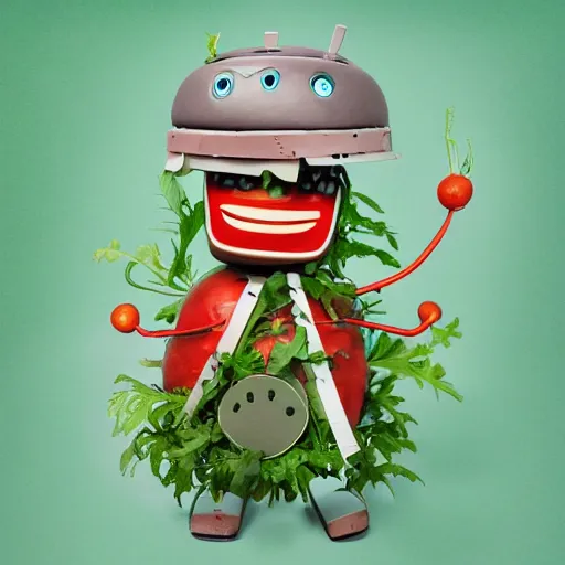 Image similar to little happy robot made of plants with big tomato hat and a carrot sword, made in abyss style