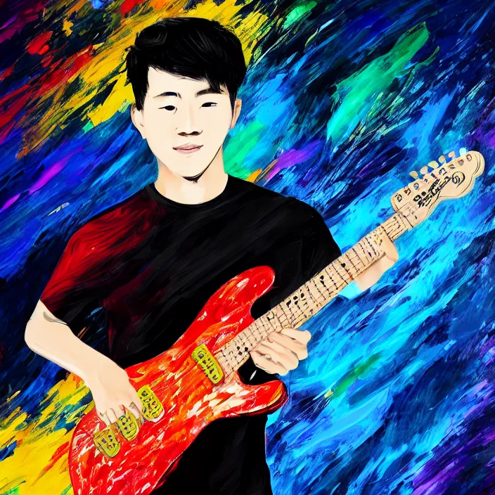 Image similar to abstract swirly brush strokes painting of a young korean man wearing black t shirt holding a telecaster!!! electric guitar!!, dark background, huge thick flowing dramatic brush strokes, matte colors, abstract, emotional masterpiece, impressionist, trending on artstation