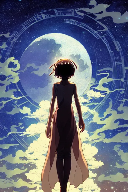 Image similar to a full moon containing the glimmering stairways to otherworldly galaxies, high intricate details, rule of thirds, golden ratio, cinematic light, anime style, graphic novel by fiona staples and dustin nguyen, by beaststars and orange, peter elson, alan bean, studio ghibli, makoto shinkai