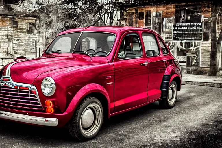 Prompt: stylized poster of a single 1945 Dodge Omni, (Sony a7R IV, symmetric balance, polarizing filter, Photolab, Lightroom, 4K, Dolby Vision, Photography Award)