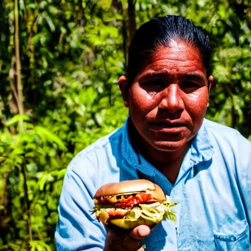 Image similar to a high detail photograph of a proud guatemalan citizen eating a hamburger in the middle of the jungle, award winning photograph