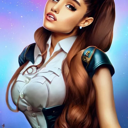 Prompt: portrait of ariana grande, steampunk blouse, vintage shading, by artgerm