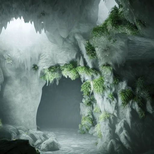 Prompt: overgrown cave made of white paper, crystal lighting, mystical, hyperrealistic, 4 k, unreal engine, highly detailed, dramatic lighting, magical,