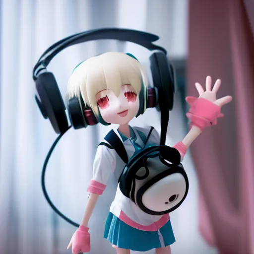 Prompt: cute fumo plush of a girl waving with studio headphones, anime girl, vray