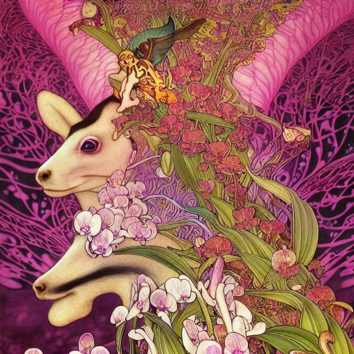 Image similar to psychedelic animal made of orchid and cherry blossom tree and mushrooms, LSD, diffuse lighting, fantasy, intricate, elegant, highly detailed, lifelike, photorealistic, digital painting, artstation, illustration, concept art, smooth, sharp focus, art by John Collier and Albert Aublet and Krenz Cushart and Artem Demura and Alphonse Mucha and Giuseppe Arcimboldo